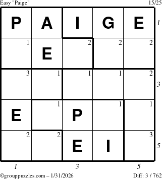 The grouppuzzles.com Easy Paige puzzle for Saturday January 31, 2026 with all 3 steps marked