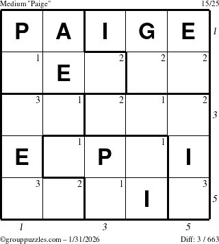 The grouppuzzles.com Medium Paige puzzle for Saturday January 31, 2026, suitable for printing, with all 3 steps marked