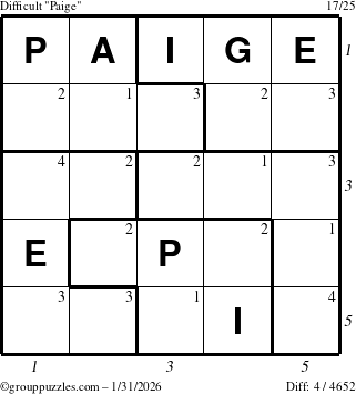 The grouppuzzles.com Difficult Paige puzzle for Saturday January 31, 2026, suitable for printing, with all 4 steps marked