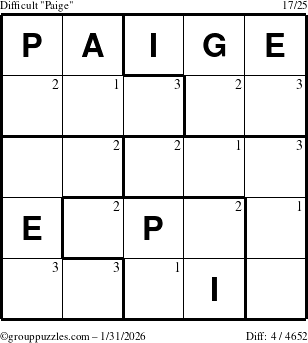 The grouppuzzles.com Difficult Paige puzzle for Saturday January 31, 2026 with the first 3 steps marked