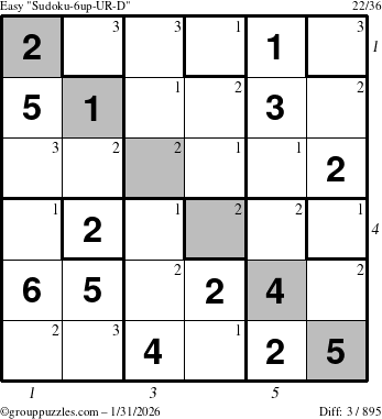 The grouppuzzles.com Easy Sudoku-6up-UR-D puzzle for Saturday January 31, 2026 with all 3 steps marked