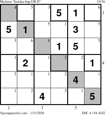 The grouppuzzles.com Medium Sudoku-6up-UR-D puzzle for Saturday January 31, 2026, suitable for printing, with all 6 steps marked
