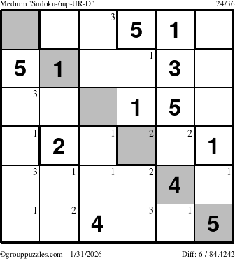 The grouppuzzles.com Medium Sudoku-6up-UR-D puzzle for Saturday January 31, 2026 with the first 3 steps marked