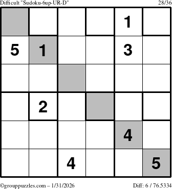 The grouppuzzles.com Difficult Sudoku-6up-UR-D puzzle for Saturday January 31, 2026