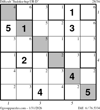 The grouppuzzles.com Difficult Sudoku-6up-UR-D puzzle for Saturday January 31, 2026, suitable for printing, with all 6 steps marked
