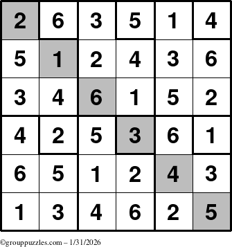 The grouppuzzles.com Answer grid for the Sudoku-6up-UR-D puzzle for Saturday January 31, 2026