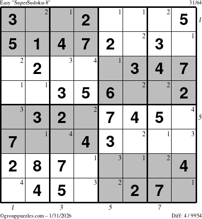 The grouppuzzles.com Easy SuperSudoku-8 puzzle for Saturday January 31, 2026 with all 4 steps marked