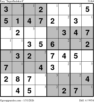 The grouppuzzles.com Easy SuperSudoku-8 puzzle for Saturday January 31, 2026 with the first 3 steps marked