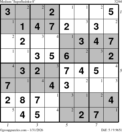 The grouppuzzles.com Medium SuperSudoku-8 puzzle for Saturday January 31, 2026, suitable for printing, with all 5 steps marked