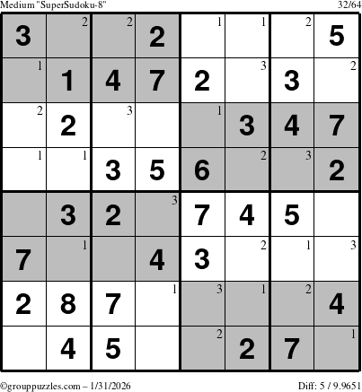 The grouppuzzles.com Medium SuperSudoku-8 puzzle for Saturday January 31, 2026 with the first 3 steps marked