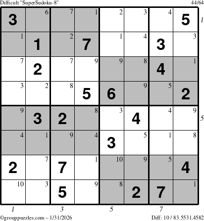 The grouppuzzles.com Difficult SuperSudoku-8 puzzle for Saturday January 31, 2026 with all 10 steps marked