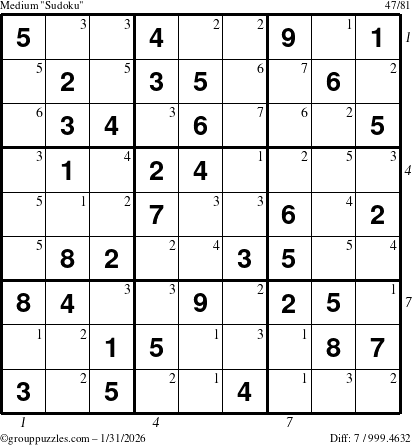 The grouppuzzles.com Medium Sudoku puzzle for Saturday January 31, 2026, suitable for printing, with all 7 steps marked