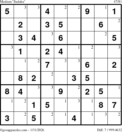 The grouppuzzles.com Medium Sudoku puzzle for Saturday January 31, 2026 with the first 3 steps marked