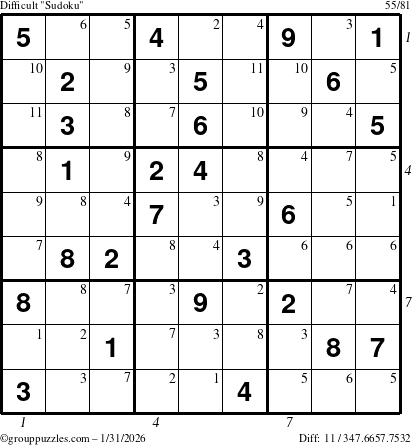 The grouppuzzles.com Difficult Sudoku puzzle for Saturday January 31, 2026, suitable for printing, with all 11 steps marked