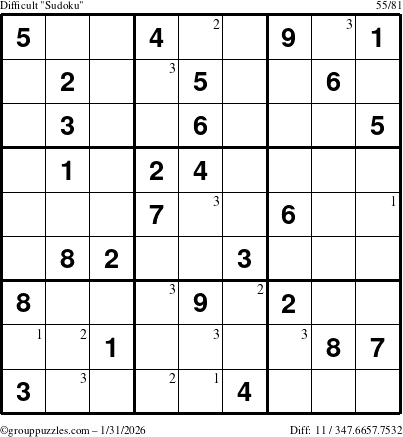The grouppuzzles.com Difficult Sudoku puzzle for Saturday January 31, 2026 with the first 3 steps marked