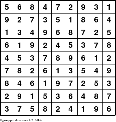 The grouppuzzles.com Answer grid for the Sudoku puzzle for Saturday January 31, 2026