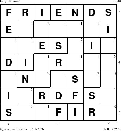 The grouppuzzles.com Easy Friends puzzle for Saturday January 31, 2026, suitable for printing, with all 3 steps marked