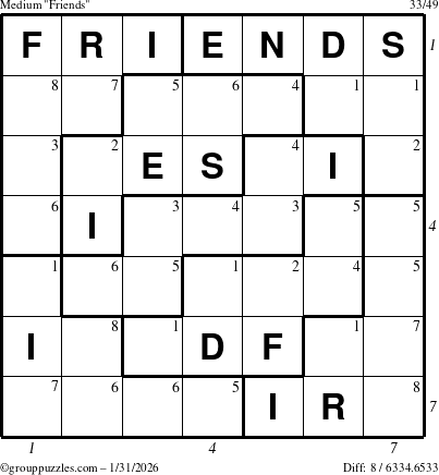 The grouppuzzles.com Medium Friends puzzle for Saturday January 31, 2026, suitable for printing, with all 8 steps marked