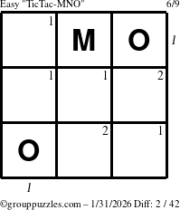 The grouppuzzles.com Easy TicTac-MNO puzzle for Saturday January 31, 2026, suitable for printing, with all 2 steps marked