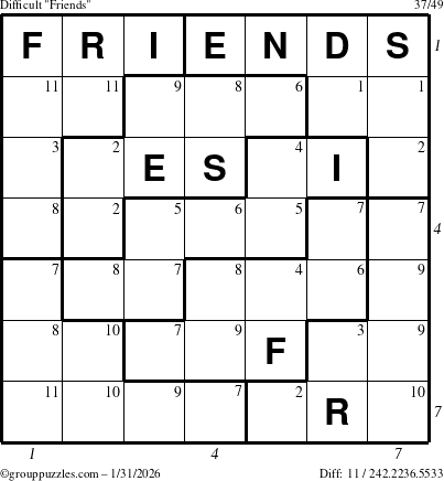 The grouppuzzles.com Difficult Friends puzzle for Saturday January 31, 2026 with all 11 steps marked