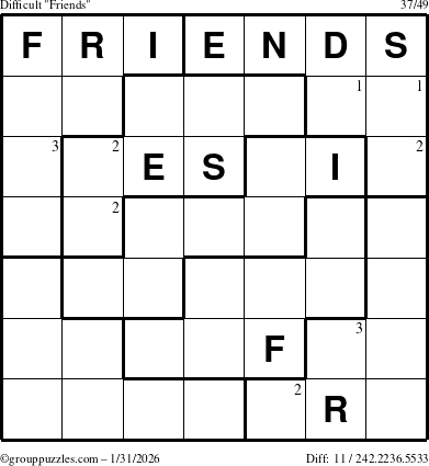 The grouppuzzles.com Difficult Friends puzzle for Saturday January 31, 2026 with the first 3 steps marked