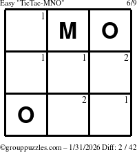 The grouppuzzles.com Easy TicTac-MNO puzzle for Saturday January 31, 2026 with the first 2 steps marked