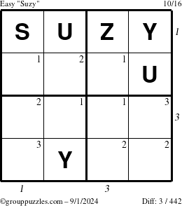 The grouppuzzles.com Easy Suzy puzzle for Sunday September 1, 2024, suitable for printing, with all 3 steps marked