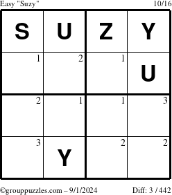 The grouppuzzles.com Easy Suzy puzzle for Sunday September 1, 2024 with the first 3 steps marked