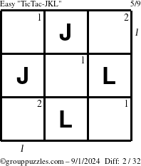 The grouppuzzles.com Easy TicTac-JKL puzzle for Sunday September 1, 2024 with all 2 steps marked