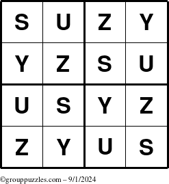 The grouppuzzles.com Answer grid for the Suzy puzzle for Sunday September 1, 2024