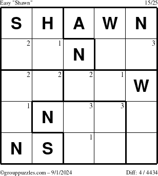 The grouppuzzles.com Easy Shawn puzzle for Sunday September 1, 2024 with the first 3 steps marked