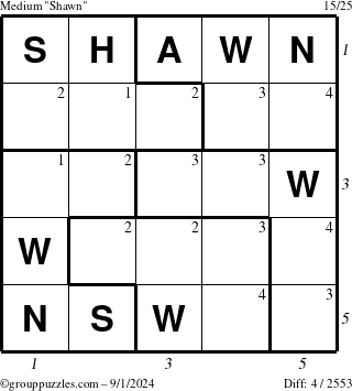 The grouppuzzles.com Medium Shawn puzzle for Sunday September 1, 2024 with all 4 steps marked