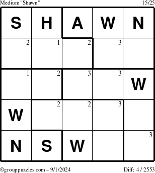 The grouppuzzles.com Medium Shawn puzzle for Sunday September 1, 2024 with the first 3 steps marked