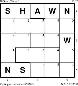 The grouppuzzles.com Difficult Shawn puzzle for Sunday September 1, 2024 with all 5 steps marked