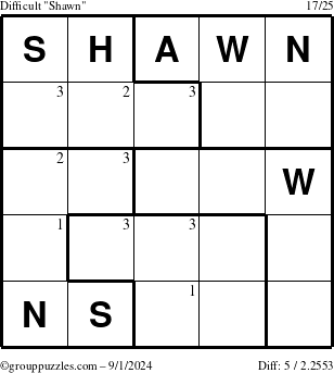 The grouppuzzles.com Difficult Shawn puzzle for Sunday September 1, 2024 with the first 3 steps marked