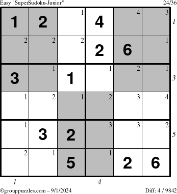 The grouppuzzles.com Easy SuperSudoku-Junior puzzle for Sunday September 1, 2024 with all 4 steps marked