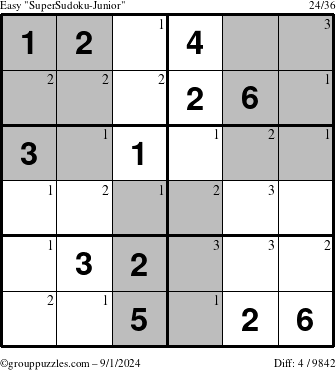 The grouppuzzles.com Easy SuperSudoku-Junior puzzle for Sunday September 1, 2024 with the first 3 steps marked