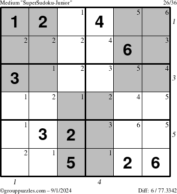 The grouppuzzles.com Medium SuperSudoku-Junior puzzle for Sunday September 1, 2024 with all 6 steps marked