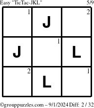 The grouppuzzles.com Easy TicTac-JKL puzzle for Sunday September 1, 2024 with the first 2 steps marked