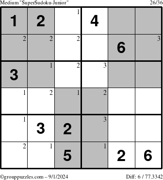 The grouppuzzles.com Medium SuperSudoku-Junior puzzle for Sunday September 1, 2024 with the first 3 steps marked