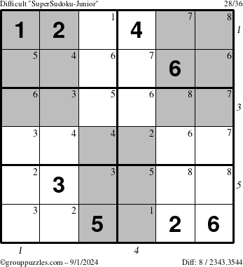 The grouppuzzles.com Difficult SuperSudoku-Junior puzzle for Sunday September 1, 2024 with all 8 steps marked