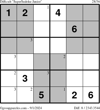 The grouppuzzles.com Difficult SuperSudoku-Junior puzzle for Sunday September 1, 2024 with the first 3 steps marked