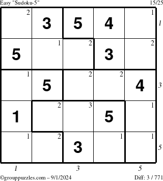 The grouppuzzles.com Easy Sudoku-5 puzzle for Sunday September 1, 2024 with all 3 steps marked