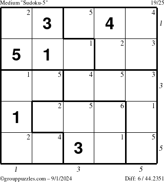 The grouppuzzles.com Medium Sudoku-5 puzzle for Sunday September 1, 2024 with all 6 steps marked