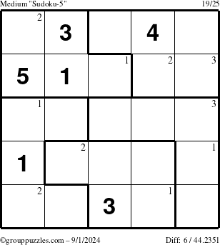 The grouppuzzles.com Medium Sudoku-5 puzzle for Sunday September 1, 2024 with the first 3 steps marked