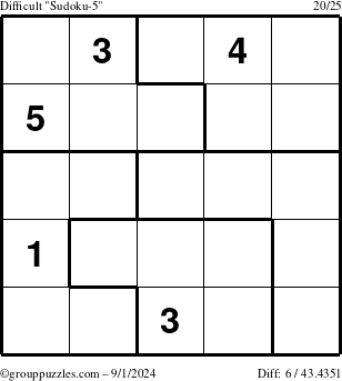 The grouppuzzles.com Difficult Sudoku-5 puzzle for Sunday September 1, 2024