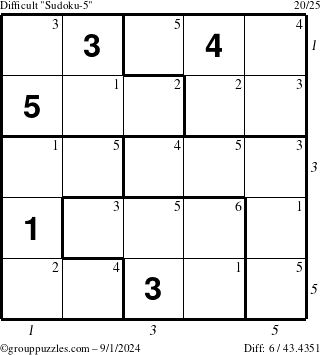 The grouppuzzles.com Difficult Sudoku-5 puzzle for Sunday September 1, 2024 with all 6 steps marked