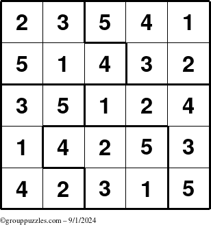 The grouppuzzles.com Answer grid for the Sudoku-5 puzzle for Sunday September 1, 2024