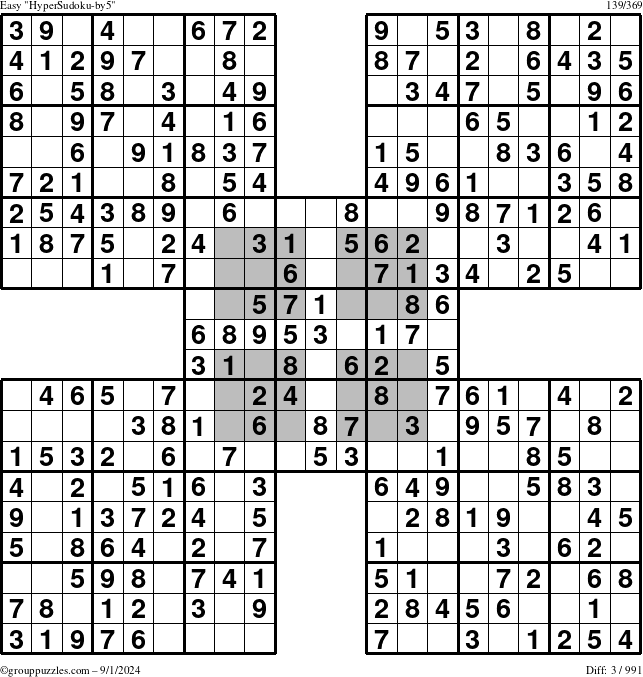 The grouppuzzles.com Easy HyperSudoku-by5 puzzle for Sunday September 1, 2024