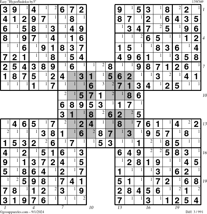 The grouppuzzles.com Easy HyperSudoku-by5 puzzle for Sunday September 1, 2024 with all 3 steps marked